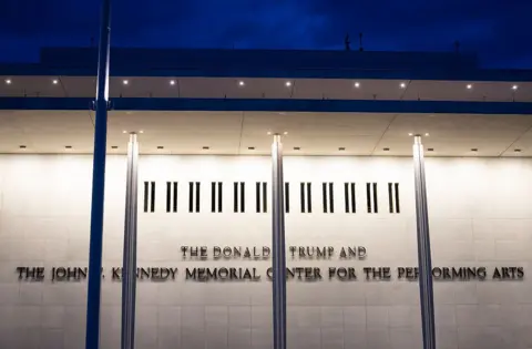 A close up of signage that says The Donald J Trump and John F Kennedy Memorial Center for the Performing Arts on 16 May 2026 in Washington DC. 