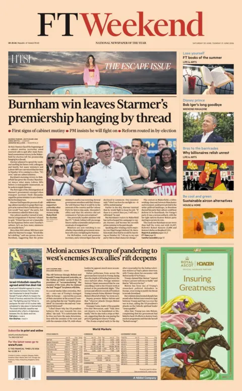 The headline on the front page of the FT Weekend reads: "Burnham win leaves Starmer's premiership hanging by thread."