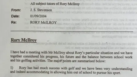 John Stevenson A memorandum from a school about Rory McIlroy. It says the school had a meeting with Rory's father about balancing school and golf. 