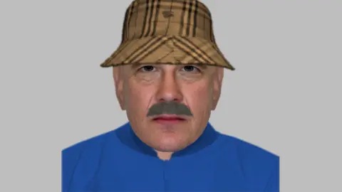 Gloucestershire Constabulary an e-fit image of a middle-aged man with a heavy grey moustache, wearing a beige tartan bucket hat and blue coat