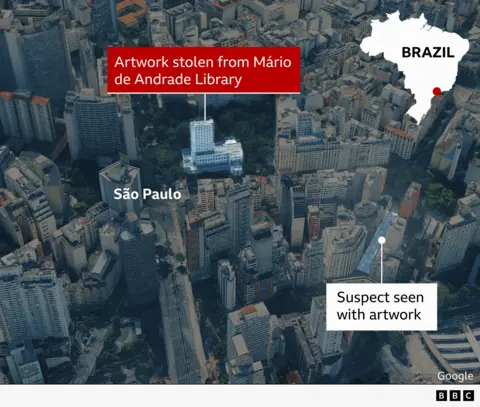 Map showing the location of the library, and some streets away, the location where one of the suspects was spotted. The aerial image shows a built-up area with many high-rise buildings. 