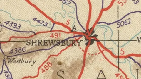 Ordnance Survey A 1930s Ordnance Survey road map shows the first proposed Shrewsbury bypass as a dotted red line between Emstrey and Shelton.