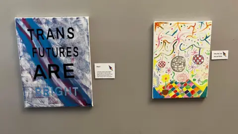 Aditya Tiwari/BBC Two pictures hanging on a wall, one saying Trans Futures Are Bright against a blue and purple streaked background and another showing three baubles and two pots of flowers resting on a vibrantly coloured checked covering