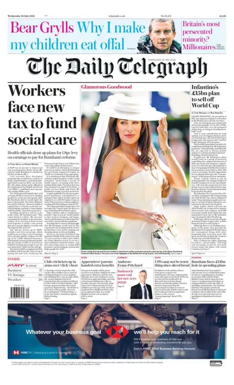 'Workers face new tax to fund social care," reads the headline on the front page of the Daily Telegraph. 