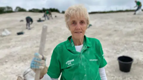 SAM READ/BBC Head and shoulders shot of Anne James, wearing a green t-shirt which says Whipsnade Zoo and volunteer on it. She is holding the handle of a rake. She is smiling at the camera. Behind her, blurred out, is the white chalk ground and people working on it. There is a black bucket behind her in the foreground.