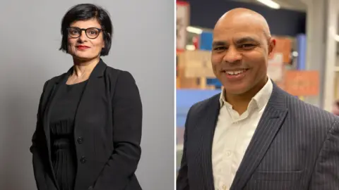 Thangam Debbonaire, wearing black glasses, a black jacket, looking towards the camera in an official portrait. Marvin wearing a grey pinstripe jacket and white shirt smiling at the camera