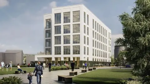 City of Doncaster Council Artist's impression of Gateway One, a large white building standing in gardens.