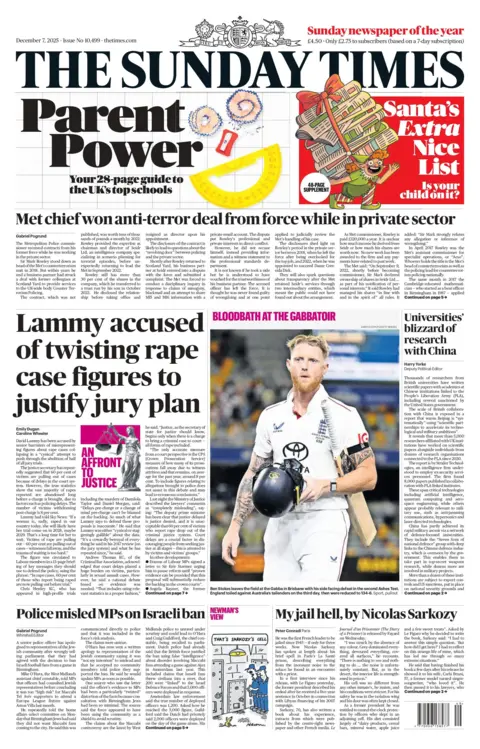 "Lammy accused of twisting rape case figures to justify jury plan," reads the headline on the front page of the Sunday Times.