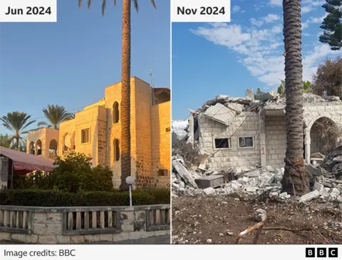 Two images side by side. On the left, an image of Khaldoun's house - made of white stone bricks. On the right, the same house has been destroyed and the second floor of the building is rubble.