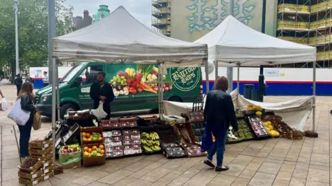 Richard Madden/BBC The Coyle and Sons fruit stall based on King Edward Street in Hull