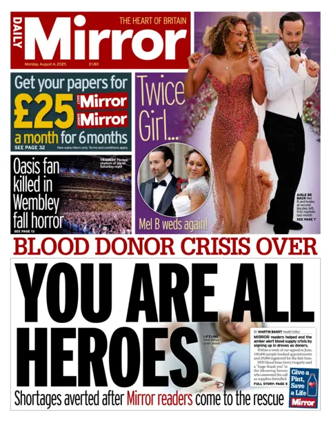 "You are all heroes" reads the headline of the Daily Mirror.  