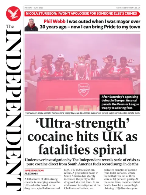 The Independent headline reads 'Ultra-strength cocaine hits UK as fatalities spiral'