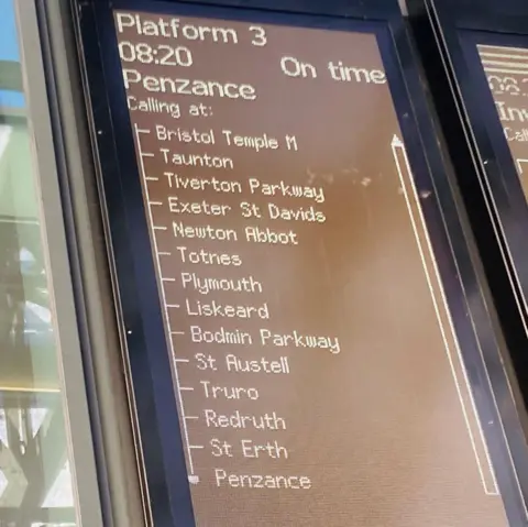 Train station journey details showing Aberdeen to Penzance stops