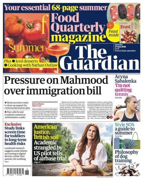 The headline on the front page of the Guardian reads: "Pressure on Mahmood over immigration bill."