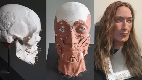 Three images showing the process of recreating the face of a woman who lived 2,000 years ago. The image on the left shows a white 3D-printed model of a skull, the centre image shows the skull with layers of muscle applied in clay. The image on the right shoes the finished reconstruction of a woman with blue eyes and long light-brown hair.