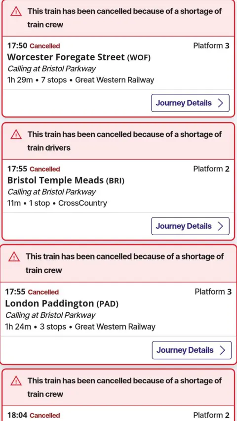 A screenshot of a train timetable showing a journey to Bristol Temple Meads is cancelled because of a shortage of train drivers