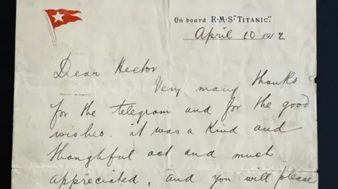 Old style hand-writing on a parchment piece  with 'RMS Titanic' on the top