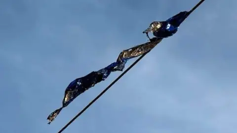 Supplied A burst foil balloon hanging from electricity lines. 
