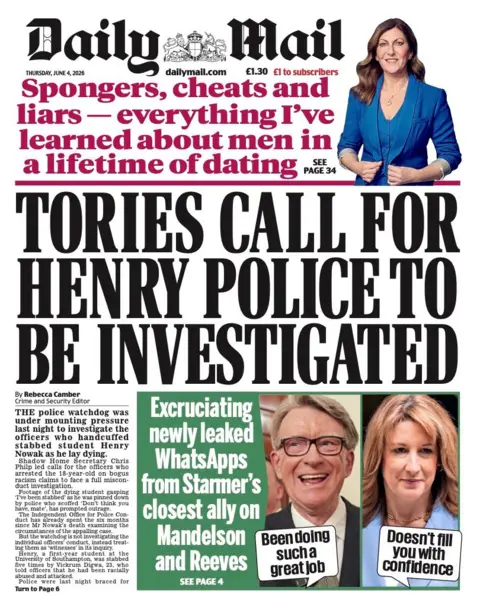 The headline on the front page of the Daily Mail reads: "Tories call for Henry police to be investigated."