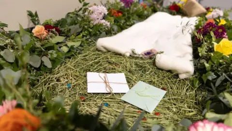 Getty Images A demonstration "vessel" for the deceased decorated with flowers and compostable mementos on top of a bed of straw