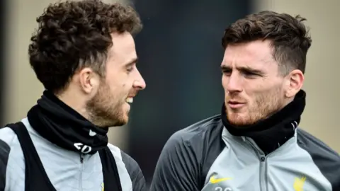 Diogo Jota and Andy Robertson at training.