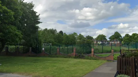 Trees in a park with a football pitch