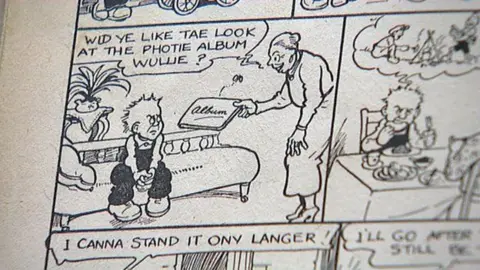 An Oor Wullie comic strip featuring drawings in black ink