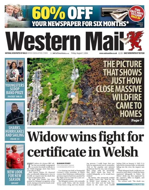 Western Mail The front page of Western Mail. Main headline reads: Widow wins fight for certificate in Welsh.