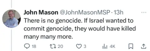 Grab of John Mason tweet in which he wrote "There is no genocide. If Israel wanted to commit genocide, they would have killed many many more." 