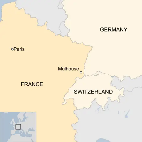 A map that shows Mulhouse's location in relation to the French capital, Paris, as well as Germany and Switzerland