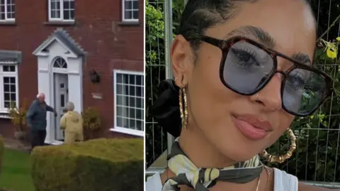 Comp image: left, elderly couple at their front door. Right, A woman is wearing large sunglasses and earrings, and is looking at the camera.