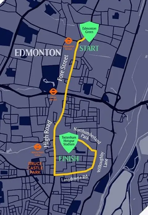 Tottenham Hotspur map of the route as provided by the football club