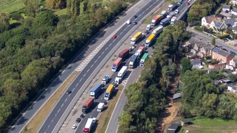 Aerial shot of stalled traffic on the A14 after an accident.