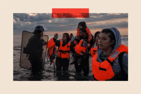Getty Images French Police enter the water to try and stop migrants boarding small boats that had come to collect them from further down the coastline on 13 June 2025 in Gravelines, France.