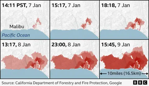 Map showing six stages of the development of the Palisades fire, in California, spanning from 14:11 local time on the 7th of January, to 15:45 on the 9 January.