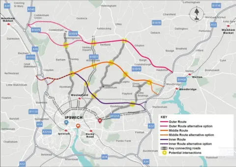 Suffolk County Council A map showing three possible routes for a bypass between the A14 and A12 north of Ipswich. One goes from the A140 to Hasketon; another goes from Claydon to either Woodbridge or Martlesham.
