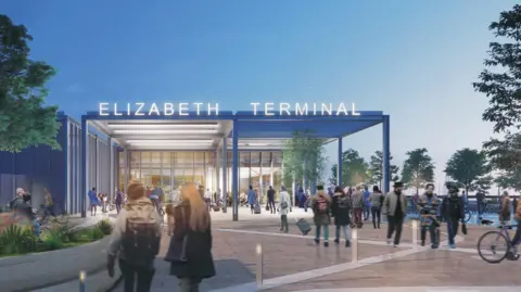 An artist's impression, showing people flocking in to a new ferry terminal at the Elizabeth Harbour. A sign atop the building says 'Elizabeth Terminal'.