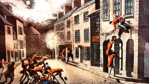 A painting of a number of men in red coats involved in a fight and painting a building red