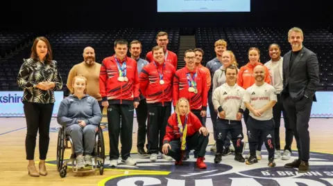 South Yorkshire Mayoral Combined Authority Oliver Coppard, Stephanie Peacock MP and the athletes who competed in the Olympics, Paralympics and Special Olympics, at a sports arena in Sheffield 