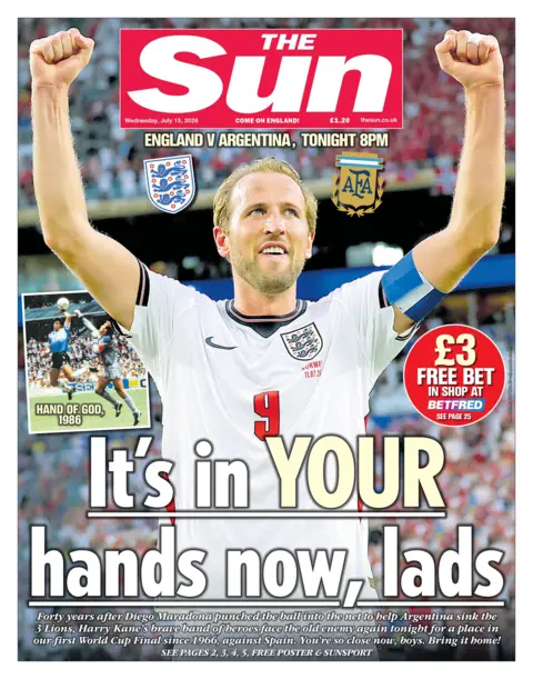 "It's in YOUR hands now, lads" reads the headline on the front page of the Sun. 