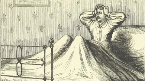 Routledge/British Library A pen drawing of a man with a mustache and a nightgown sitting on his bed and putting his hands to his head.