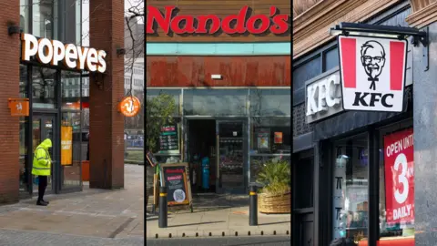 Getty Images A composite image of a Popeyes, Nando's and KFC restaurant.