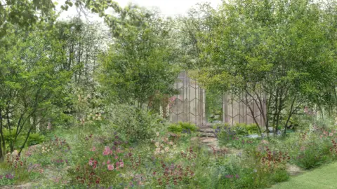 A drawing of a garden. The garden has green plants with red, pink and white flowers, and a structure in the background shrouded by trees.