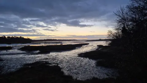 Vikki Irwin/BBC An area of heathland and the River Deben during sunrise. 