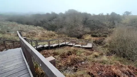 A stepped footbridge leading down a slight hill in a field in the Peak District. The bridge has fences either side. Trees and bushes can be seen in the background.