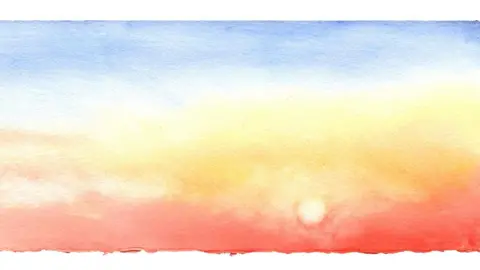 Denise Marie Walker A watercolour painting of the sun and a bright sky with yellow and red colours.
