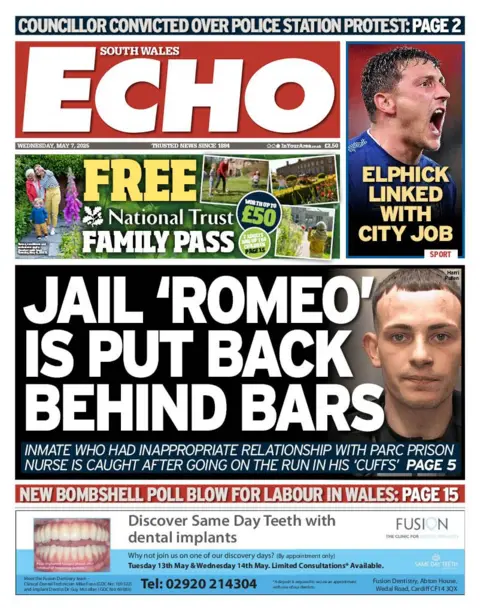 South Wales Echo South Wales Echo front page. The headline reads: "Jail 'Romeo' is put back behind bars" with a picture of a man with short dark hair