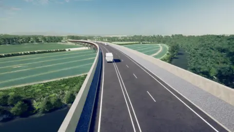 Shropshire Council An artist's impression of a large viaduct carrying traffic around Shrewsbury, with fields and trees below it