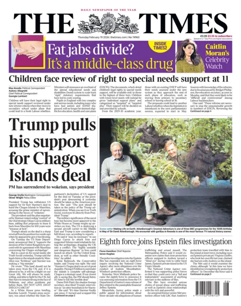 The front page of the Times reads: "Trump pulls his support for Chagos Islands deal." 