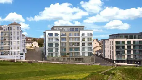 Tevir Group A CGI visualisation of a modern block of flats on a promenade street, with two existing blocks either side. It has a grey and white facade, with glass balconies. A grassy sloping area is in the foreground, with blue skies above.